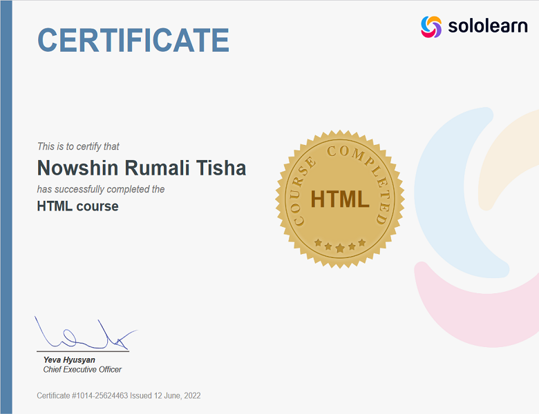 HTML Certificate from Sololearn